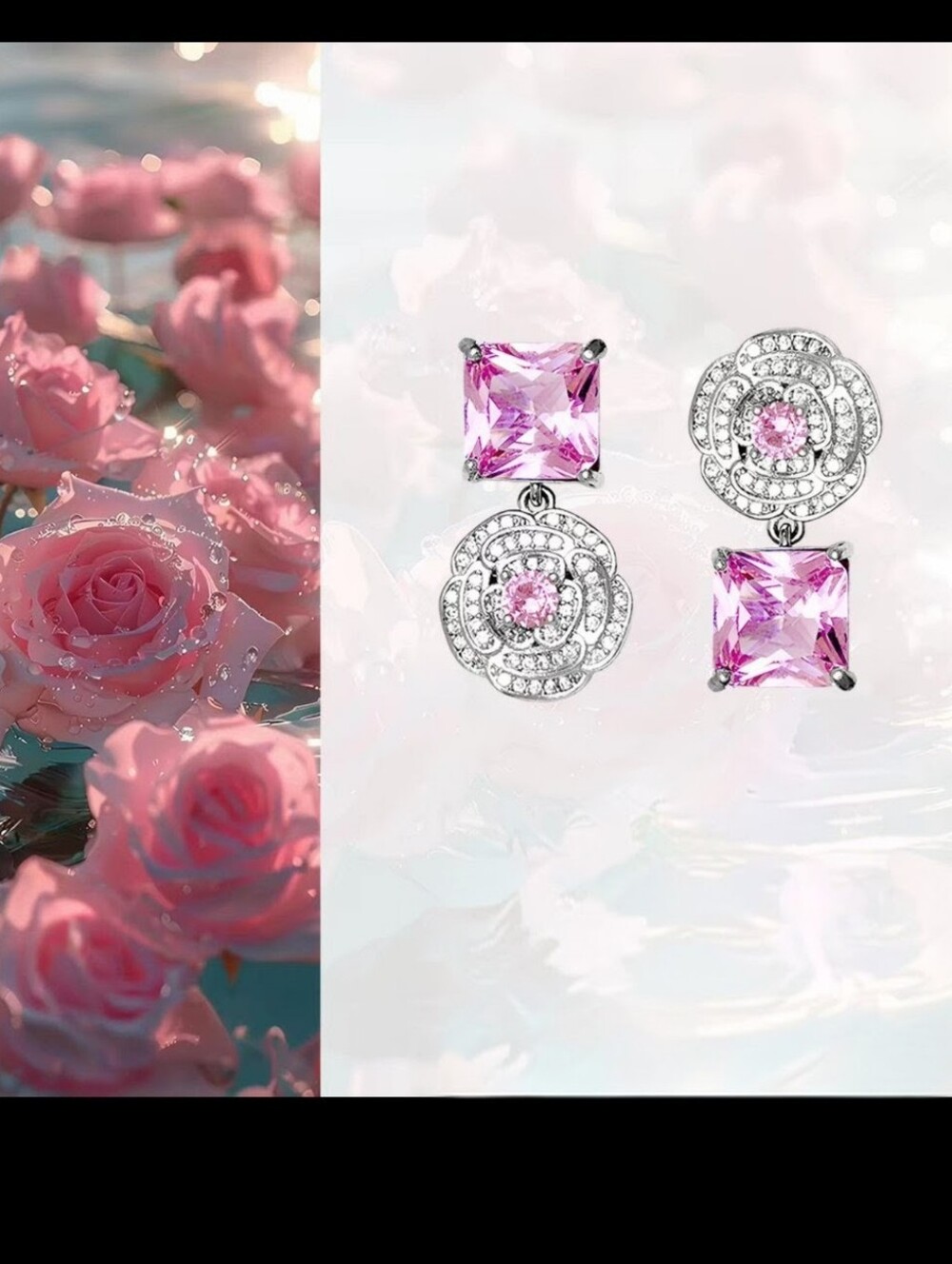 ✨ Unique Pink Princess-Cut & Camellia Rose Asymmetrical Dangle Earrings ✨